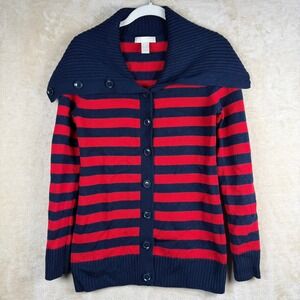 Banana Republic Sweater Women Medium Red Blue Cardigan Stripe Wool Shawl Collar